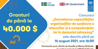 16 august 2021, ora 16:00- termen limită de depunere la concursul de granturi ”Dezvoltarea capacităților organizațiilor de susținere a afacerilor și a competențelor lor în domeniul advocacy”
